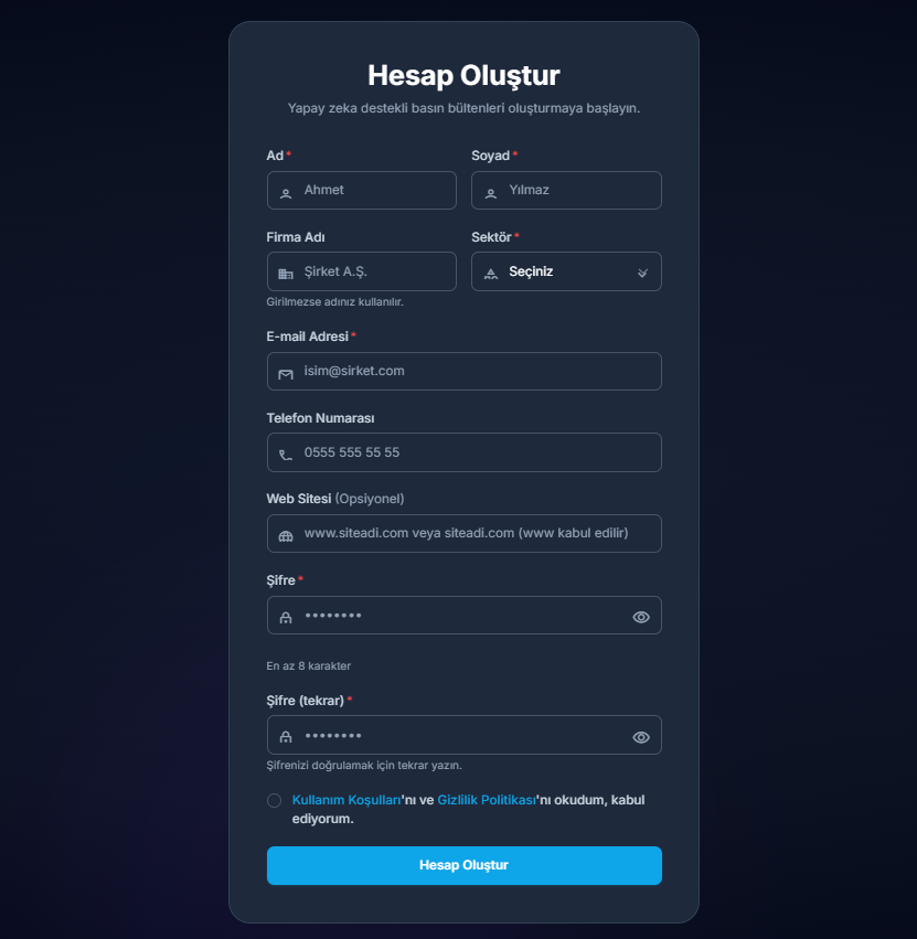 Hesap oluşturma ekranı