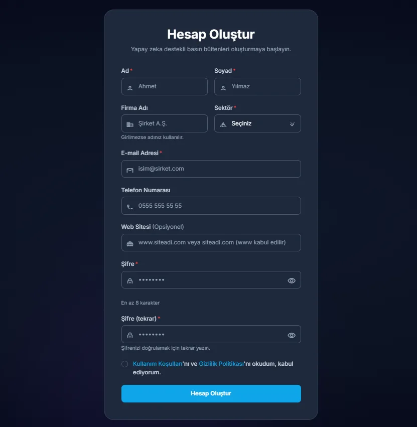 Hesap oluşturma ekranı