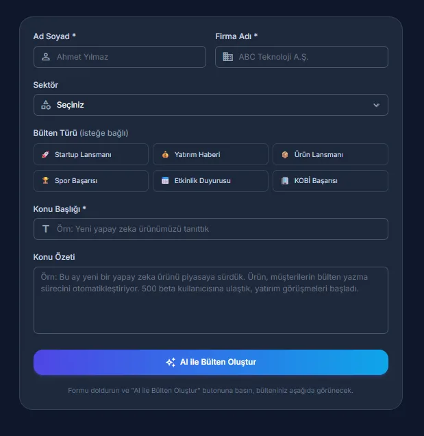 AI bülten oluşturma ekranı